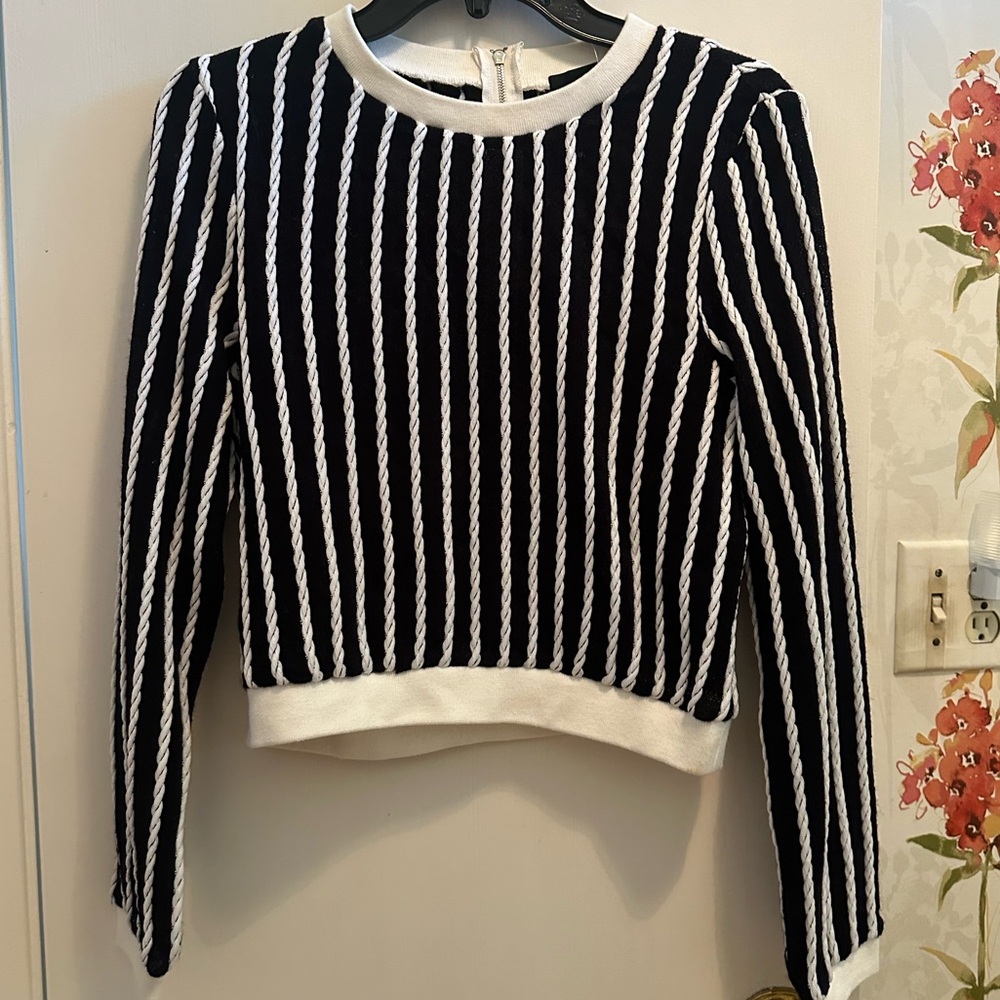 Blue and white vertical striped long sleeve shirt.